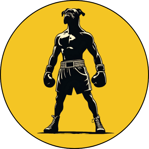 Logo de rumblefights.com con fondo amarillo redondeado, logotipo con un perro boxeador en silueta negra