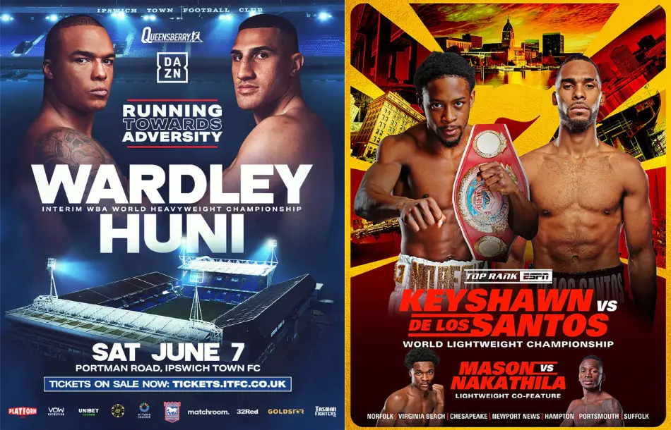 Pelea de box hoy: carteles promocionales de Wardley vs Huni y Keyshawn Davis vs De Los Santos.