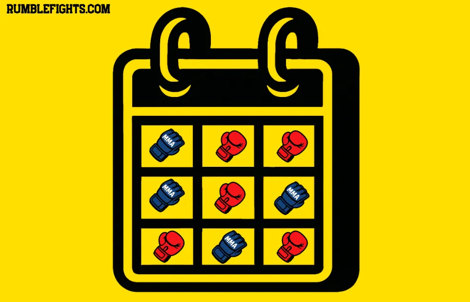 Dibujo de un calendario de boxeo y MMA dibujado en negro sobre fondo amarillo. Aparecen guantes de boxeo y guantillas de mma.