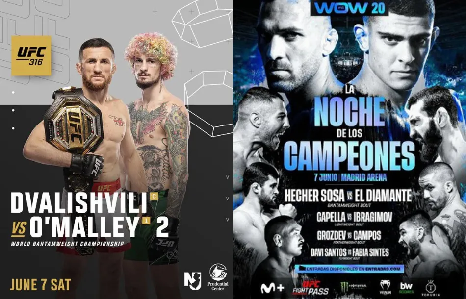 UFC hoy. Carteles promocionales de UFC 316 (Dvalishvili vs O'Malley 2) y WOW 20
