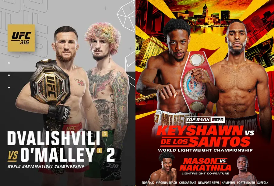 Todo el box hoy en RumbleFights. Cartel combinado de los eventos destacados del fin de semana: el UFC 316 con la revancha entre Dvalishvili y O'Malley, y la pelea por el campeonato mundial ligero entre Keyshawn Davis vs José de los Santos.