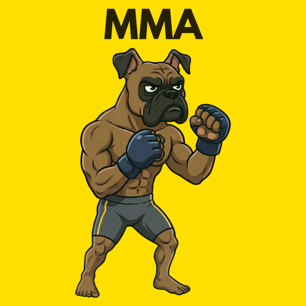 UFC hoy. perro boxer con guantillas de MMA