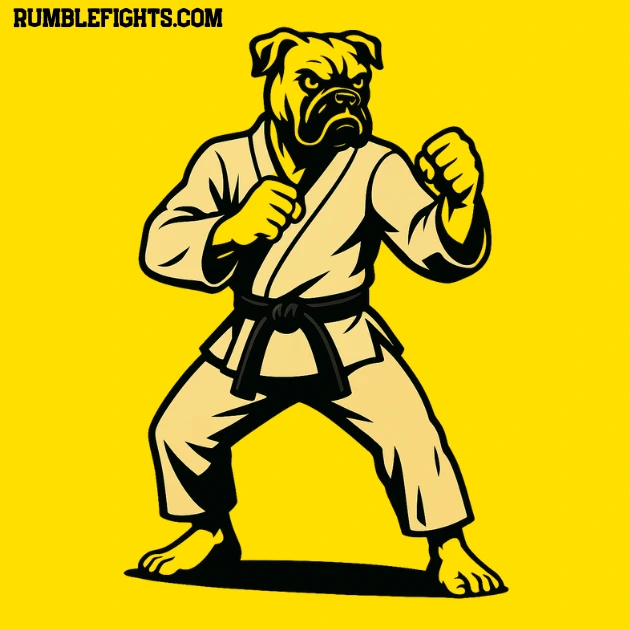 Perro boxer con cuerpo humano vestido de karateka, dibujado en negro sobre fondo amarillo.