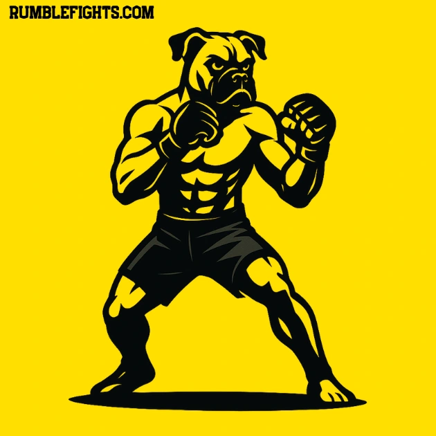 Perro boxer con cuerpo humano vestido de luchador de artes marciales mixtas, dibujado en negro sobre fondo amarillo.