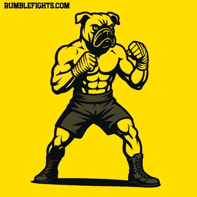 Perro boxer con cuerpo humano vestido de boxeador de bareknuckle, dibujado en negro sobre fondo amarillo.