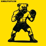 Perro boxer con cuerpo humano vestido de boxeador, dibujado en negro sobre fondo amarillo.