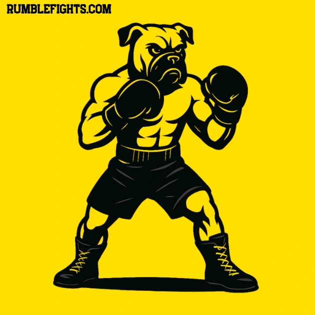 Perro boxer con cuerpo humano vestido de boxeador, dibujado en negro sobre fondo amarillo.