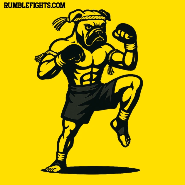 Perro boxer con cuerpo humano vestido de luchador de muay thai, dibujado en negro sobre fondo amarillo. rumblefights.com