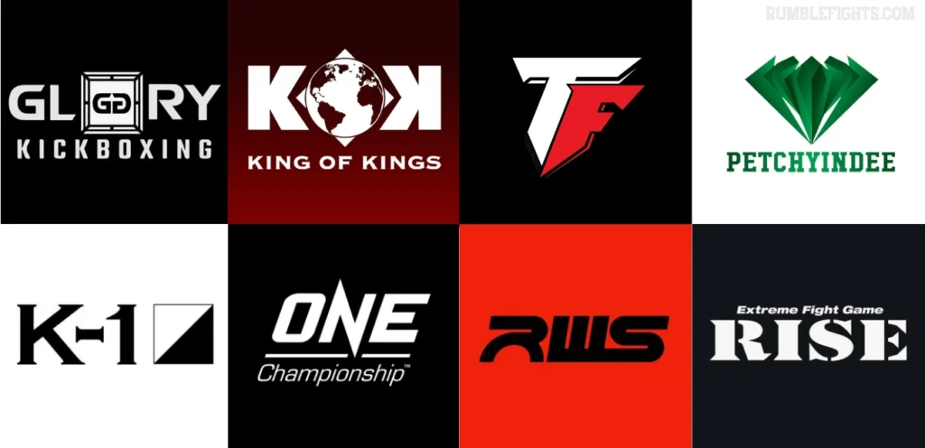 Donde ver peleas de muay thai hoy y peleas de kickboxing. Banner con logos de Glory Kickboxing, KOK, Thai Fight League, Petchyindee, K-1, One Championship, RWS y RISE