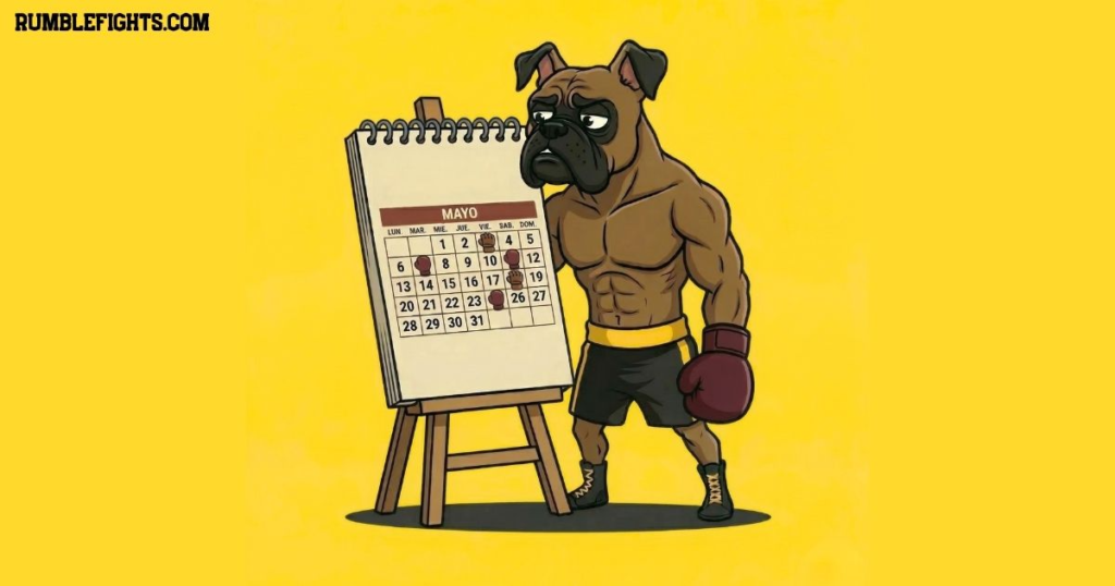Calendario de boxeo y MMA mirado por un pero boxer vestido de boxeado